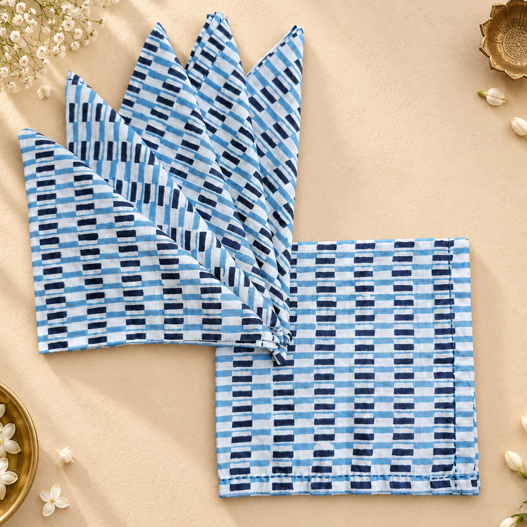 6 Pc | "Indigo Brick" Hand Block Printed Cotton Cloth Napkin Set For Festive Dining