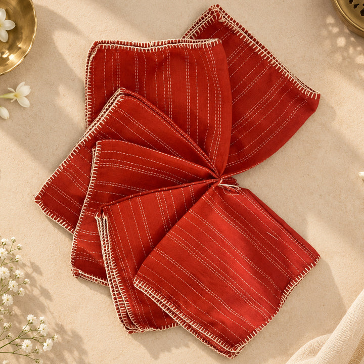 6 Pc | "Orange Stripe" Handcrafted Woven Cotton Cloth Napkin Set For Festive Dining