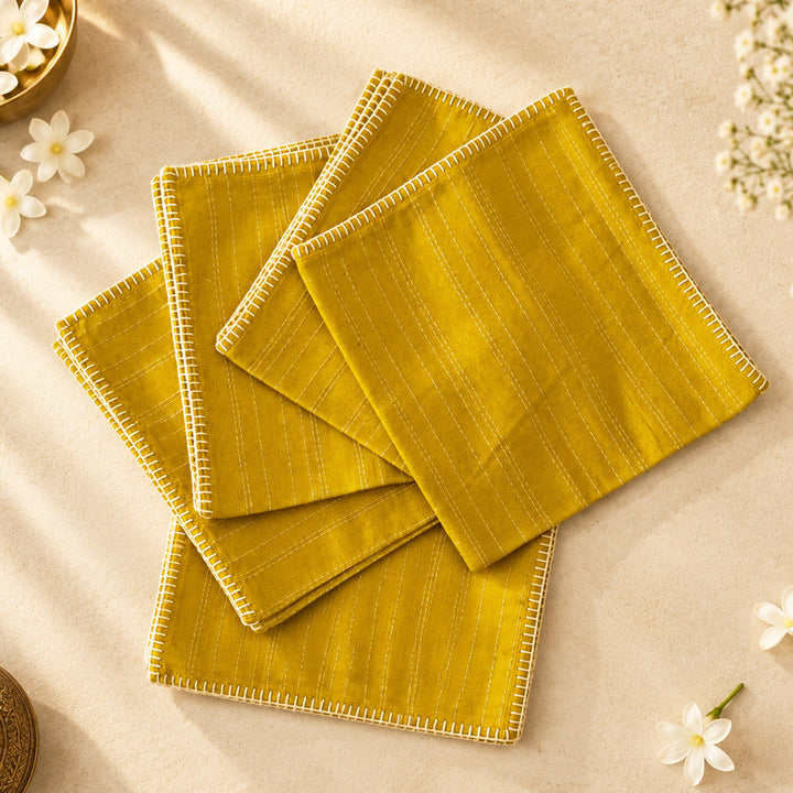 6 Pc | "Yellow Stripe" Handcrafted Woven Cotton Cloth Napkin Set For Festive Dining