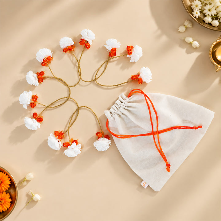 6 Pc | Handmade Shola Flower & Glass Bead Orange Napkin Holder Set For Festive Table Decor