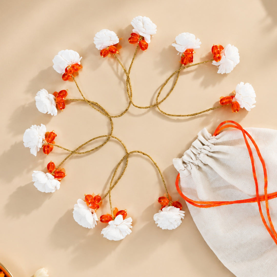 6 Pc | Handmade Shola Flower & Glass Bead Orange Napkin Holder Set For Festive Table Decor