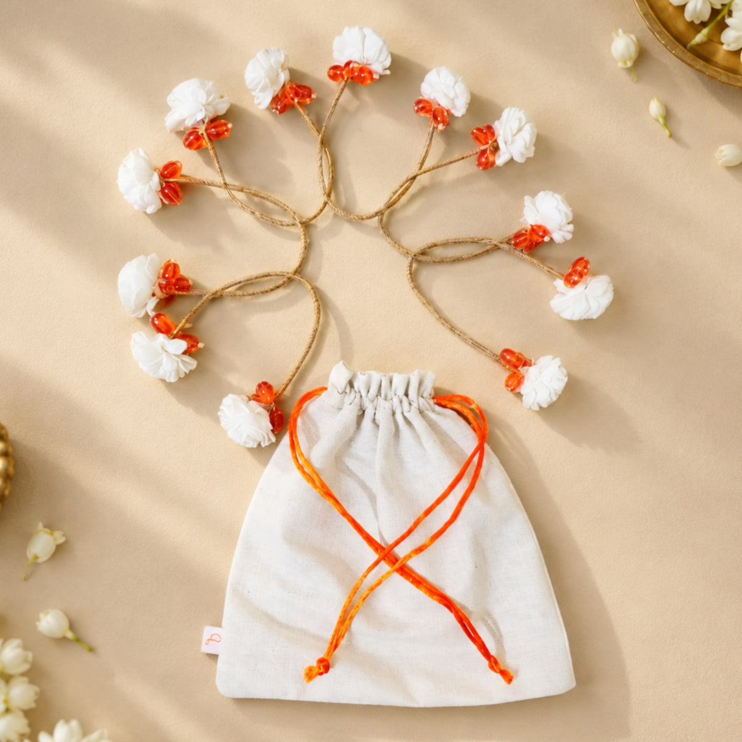 6 Pc | Handmade Shola Flower & Glass Bead Orange Napkin Holder Set For Festive Table Decor