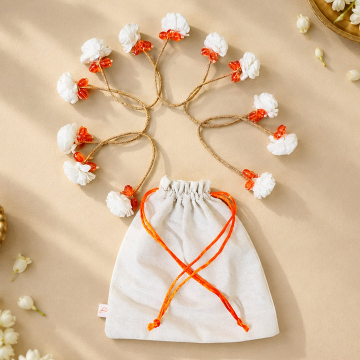 6 Pc | Handmade Shola Flower & Glass Bead Orange Napkin Holder Set For Festive Table Decor
