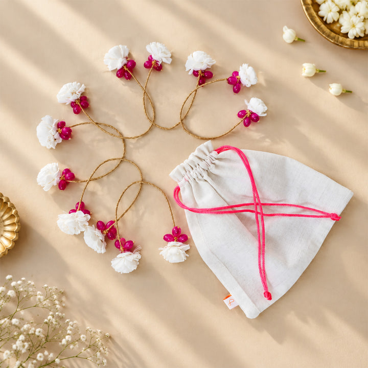 6 Pc | Handmade Shola Flower & Glass Bead Pink Napkin Holder Set For Festive Table Decor
