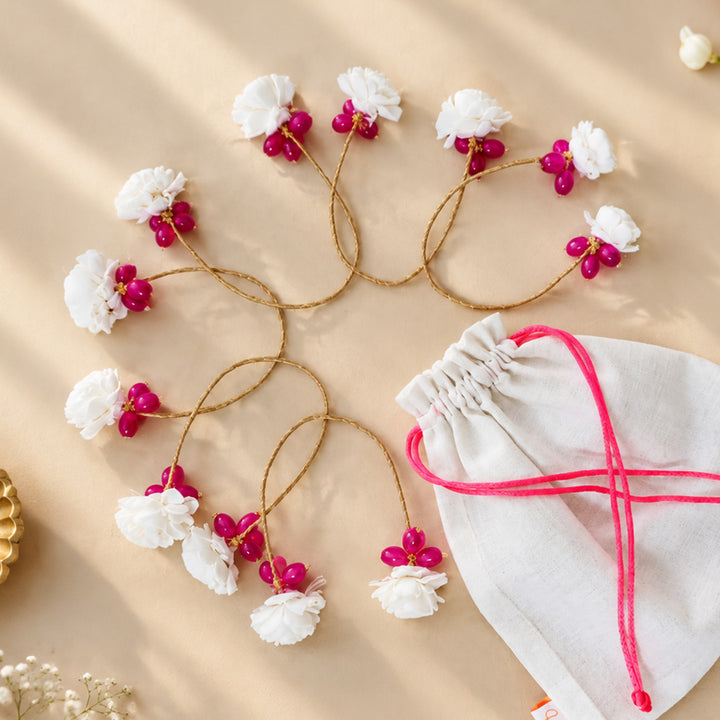 6 Pc | Handmade Shola Flower & Glass Bead Pink Napkin Holder Set For Festive Table Decor