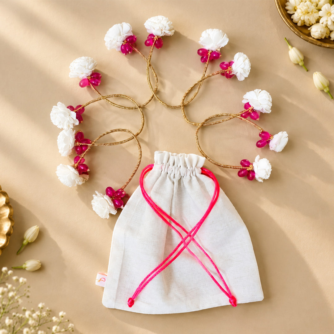 6 Pc | Handmade Shola Flower & Glass Bead Pink Napkin Holder Set For Festive Table Decor