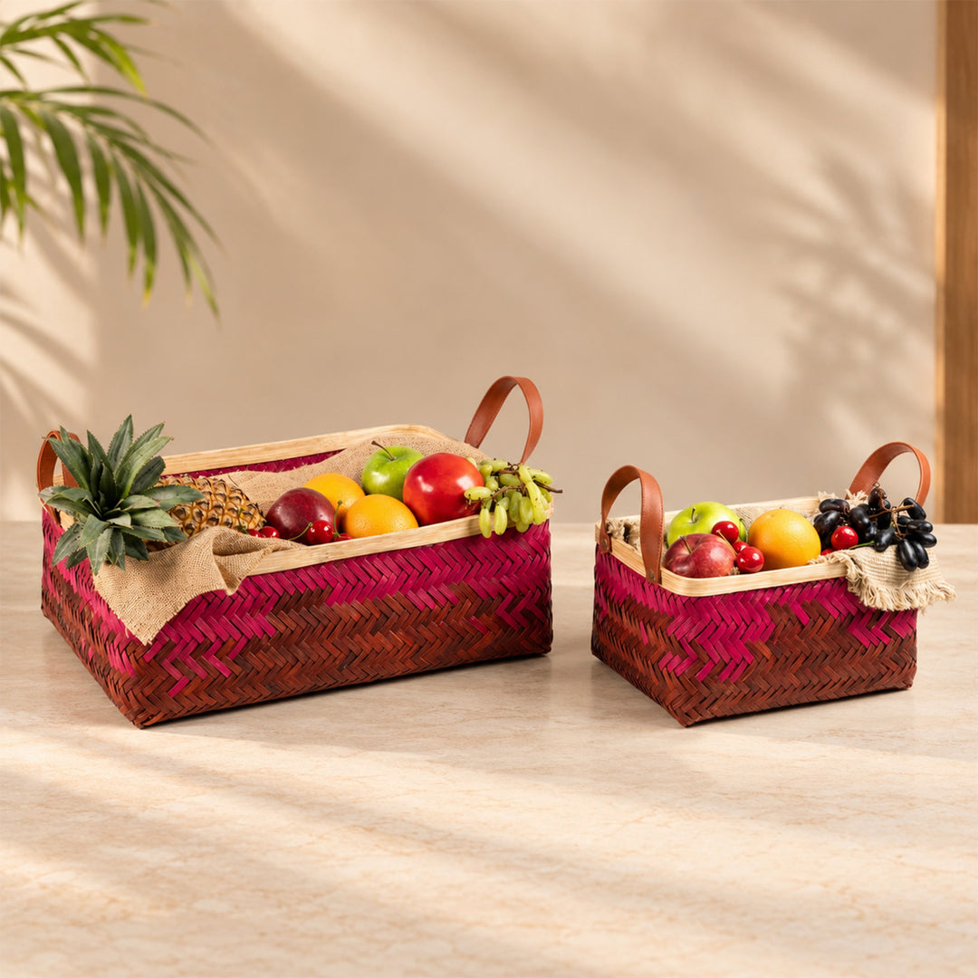 Set of 2 | "Blush" Handwoven Bamboo Tray With Handles For Home Storage & Gifting