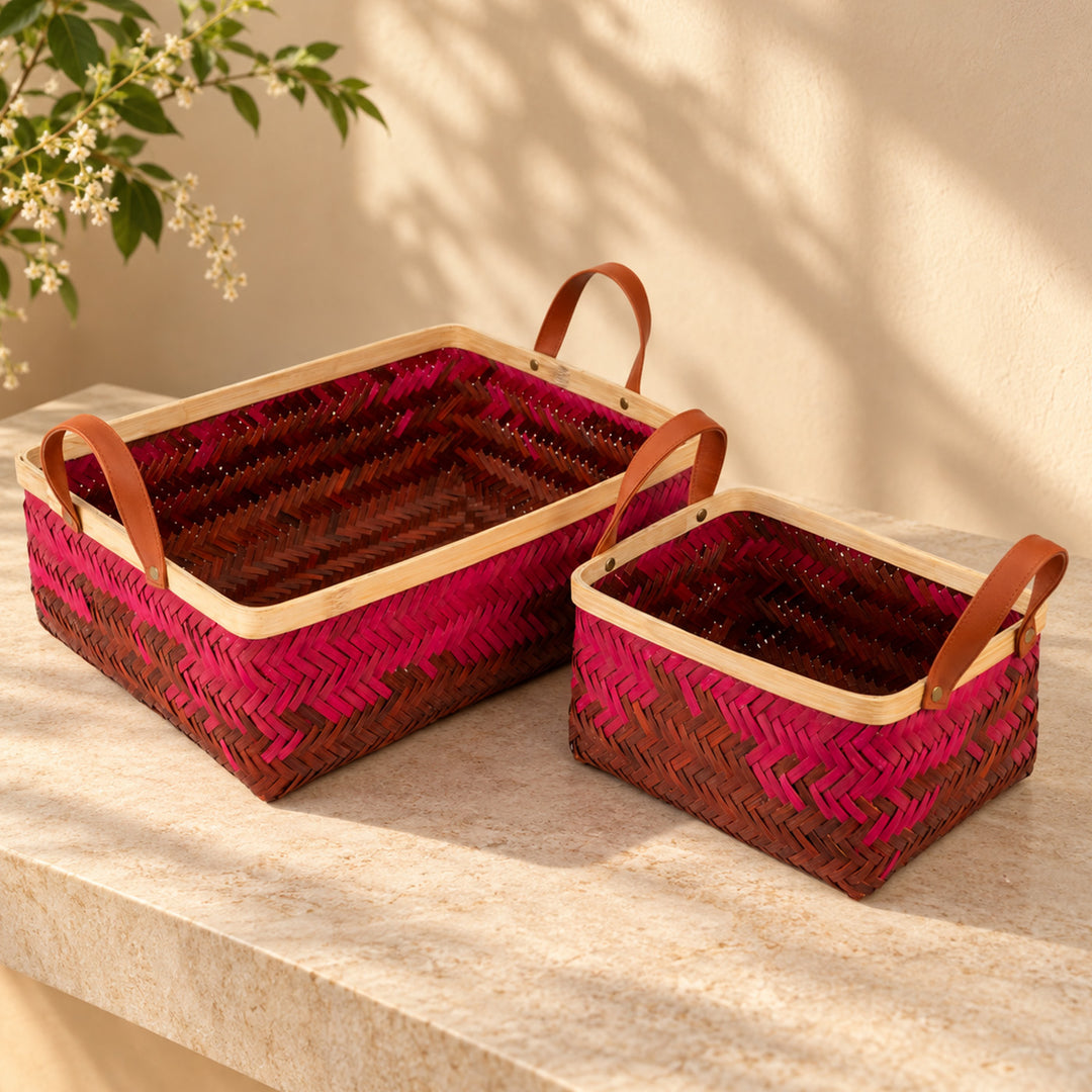 Set of 2 | "Blush" Handwoven Bamboo Tray With Handles For Home Storage & Gifting
