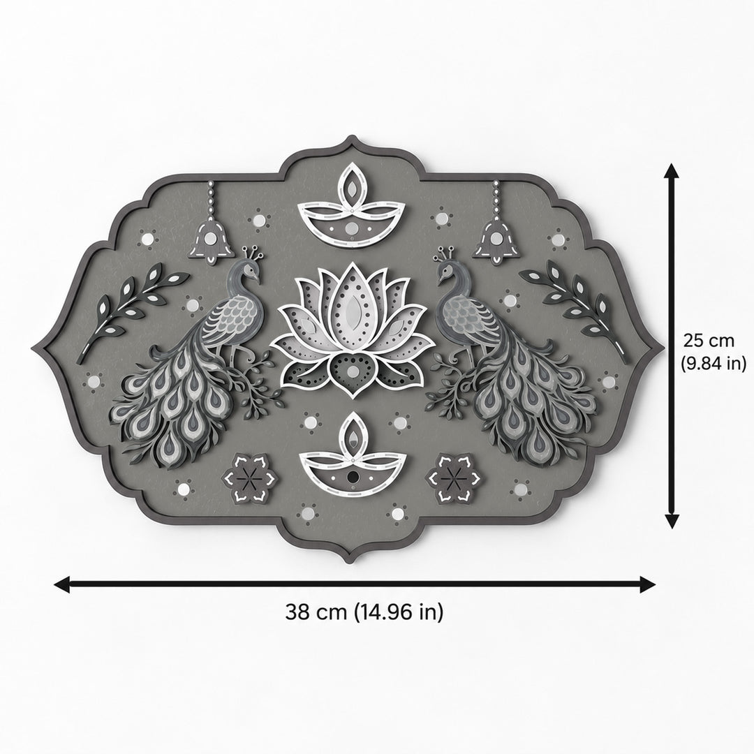 Hand-Painted Peacock & Lotus Jharokha Mdf Rangoli With Mirror Work For Festive Decor