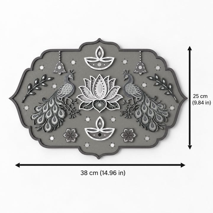 Hand-Painted Peacock & Lotus Jharokha Mdf Rangoli With Mirror Work For Festive Decor