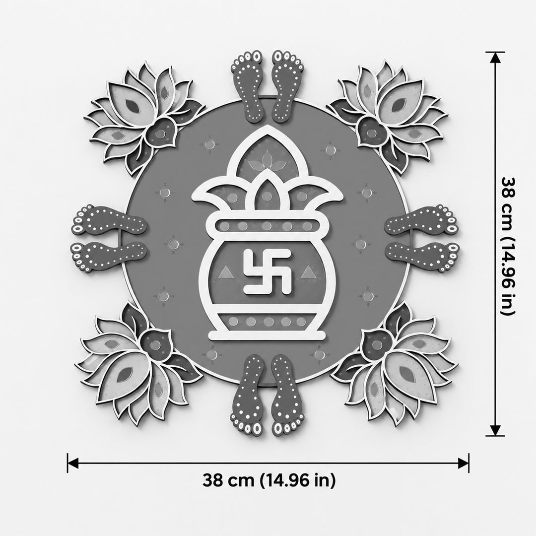 Hand-Painted Kalash, Lotus & Lakshmi Feet Mdf Rangoli With Mirror Work For Festive Decor