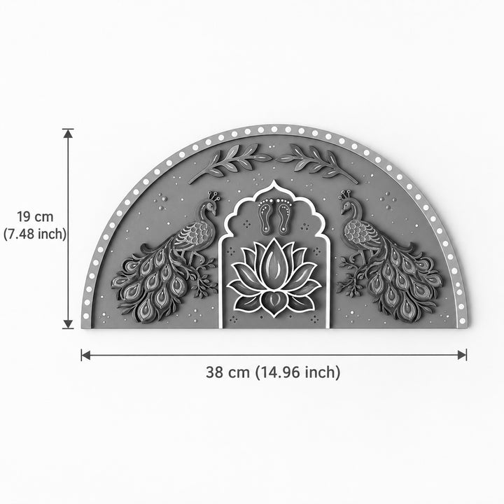 Hand-Painted Peacock & Lotus Semi-Circle Mdf Rangoli With Mirror Work For Festive Decor