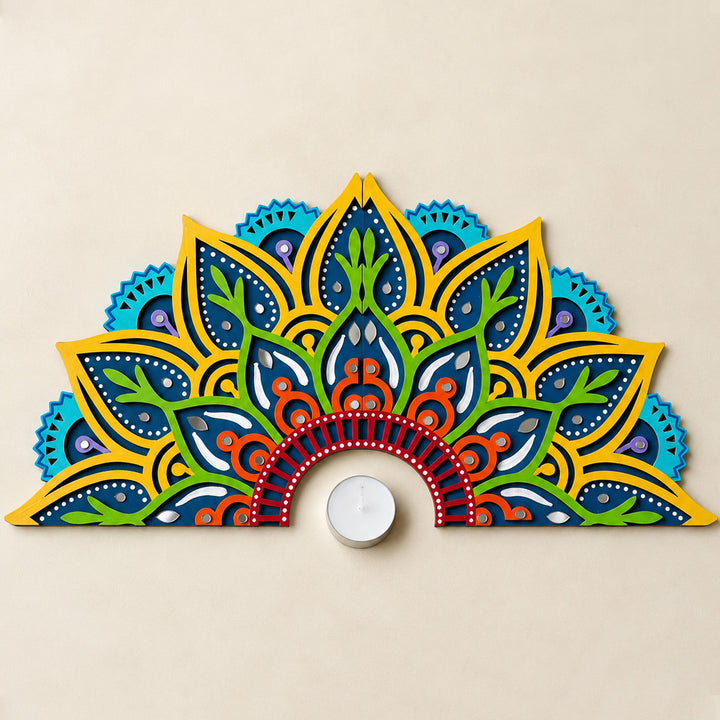 2 Pc | Hand-Painted Blue & Yellow Half-Moon Lippan Art Mdf Split Rangoli For Festive Decor