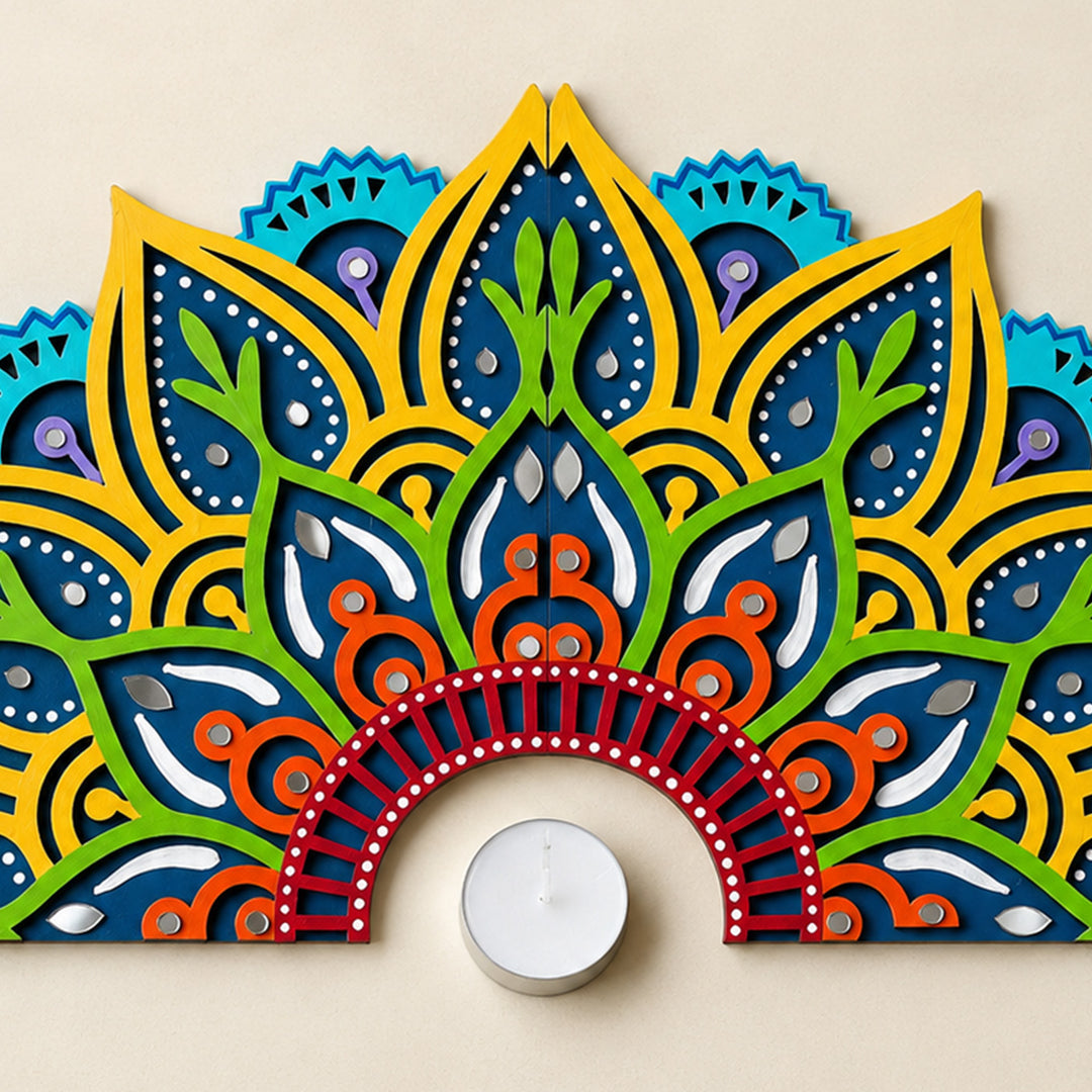 2 Pc | Hand-Painted Blue & Yellow Half-Moon Lippan Art Mdf Split Rangoli For Festive Decor