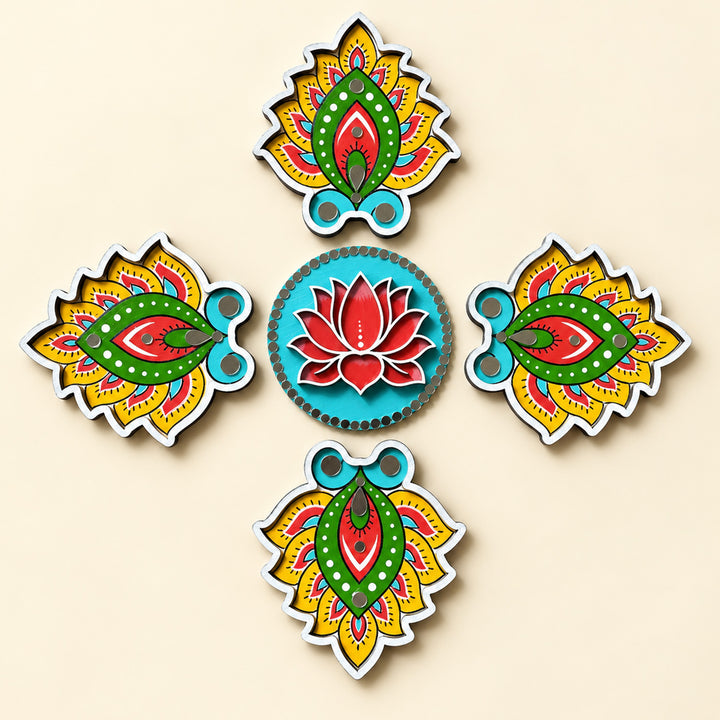 4 Pc Diya & 1 Lotus | Hand-Painted Lotus Diya Floral Rangoli With Mirror Work For Festive Decor