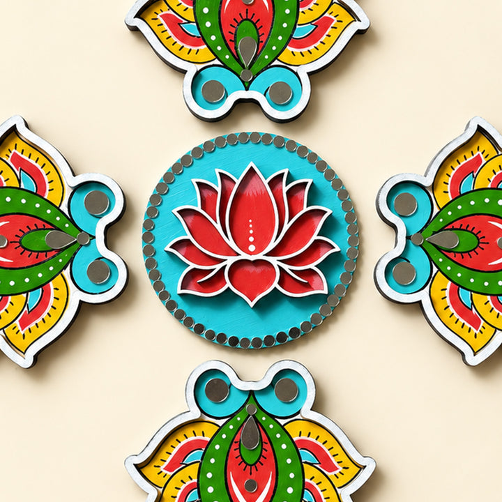 4 Pc Diya & 1 Lotus | Hand-Painted Lotus Diya Floral Rangoli With Mirror Work For Festive Decor