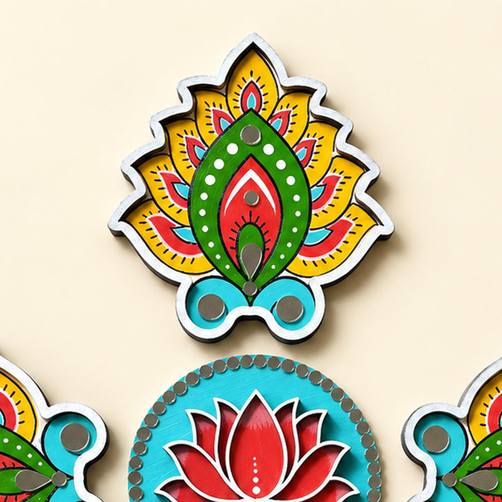 4 Pc Diya & 1 Lotus | Hand-Painted Lotus Diya Floral Rangoli With Mirror Work For Festive Decor
