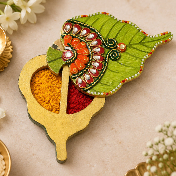 Asopalav Hand Painted Green MDF Haldi Kumkum Holder With Rotating Lid For Puja & Festive Gifting