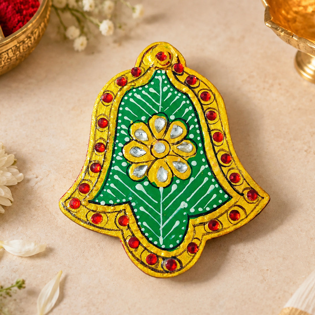 Meenakari "Asopalav" Hand Painted Green MDF Haldi Kumkum Holder With Rotating Lid For Puja & Return Gifting