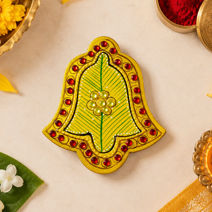Meenakari Hand Painted Green MDF Bell Shaped Haldi Kumkum Holder With Rotating Lid For Puja & Festive Gifting
