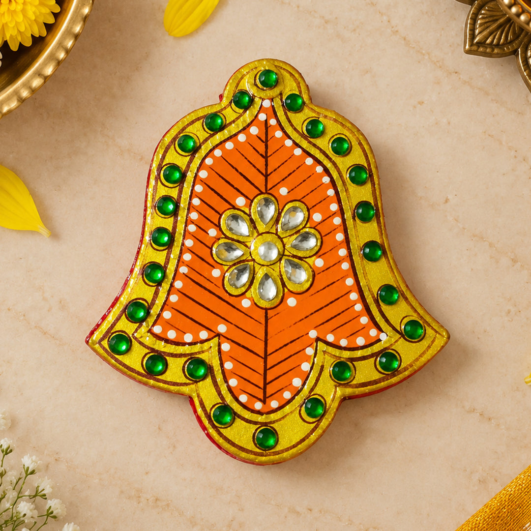 Meenakari Hand Painted Orange MDF Bell Shaped Haldi Kumkum Holder With Rotating Lid For Puja & Return Gifting