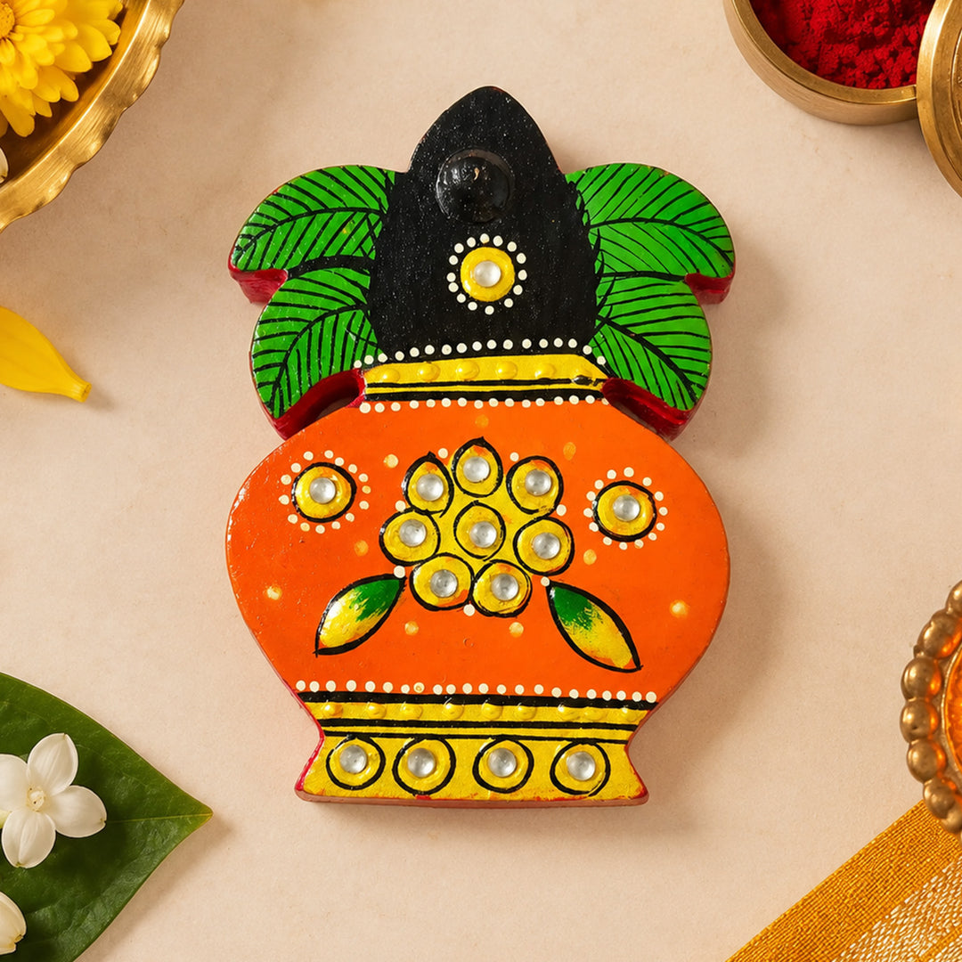 Meenakari Kalash Hand Painted Orange MDF Kalash Shaped Haldi Kumkum Holder With Rotating Lid For Puja & Wedding Gifting