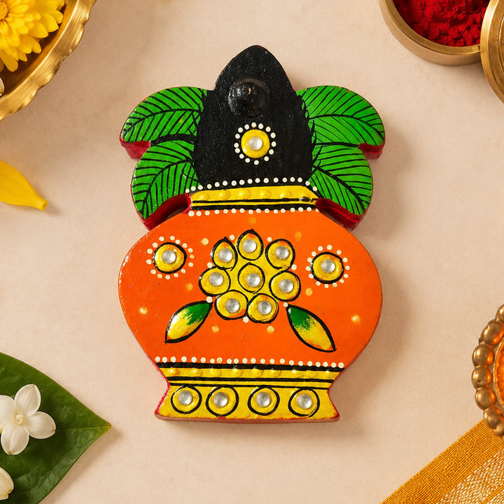 Meenakari Kalash Hand Painted Orange MDF Kalash Shaped Haldi Kumkum Holder With Rotating Lid For Puja & Wedding Gifting