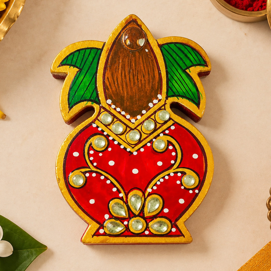 Meenakari Kalash Hand Painted Red MDF Kalash Shaped Haldi Kumkum Holder With Rotating Lid For Puja & Festive Gifting