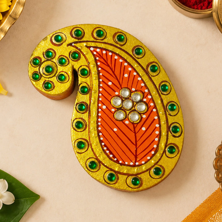 Meenakari Keri Hand Painted Orange MDF Haldi Kumkum Holder With Rotating Lid For Puja & Festive Gifting