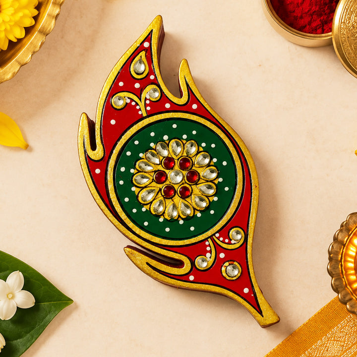 Meenakari Hand Painted Green MDF Compact Leaf Shaped Haldi Kumkum Holder With Rotating Lid For Puja & Return Gifting