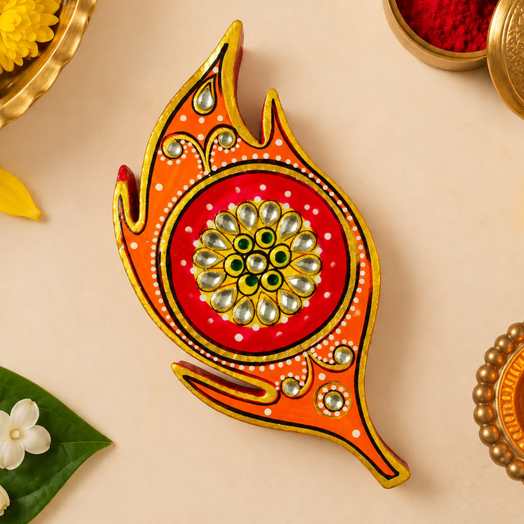 Meenakari Hand Painted Orange MDF Large Leaf Shaped Haldi Kumkum Holder With Rotating Lid For Puja & Festive Gifting