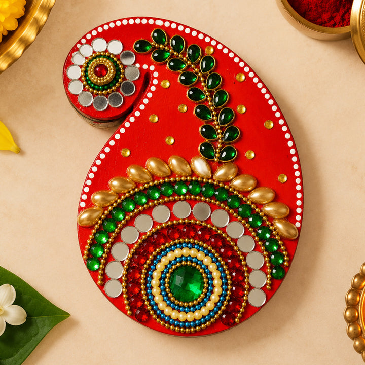 Meenakari Paisley Hand Painted Red MDF Haldi Kumkum Holder With Rotating Lid For Puja & Wedding Gifting