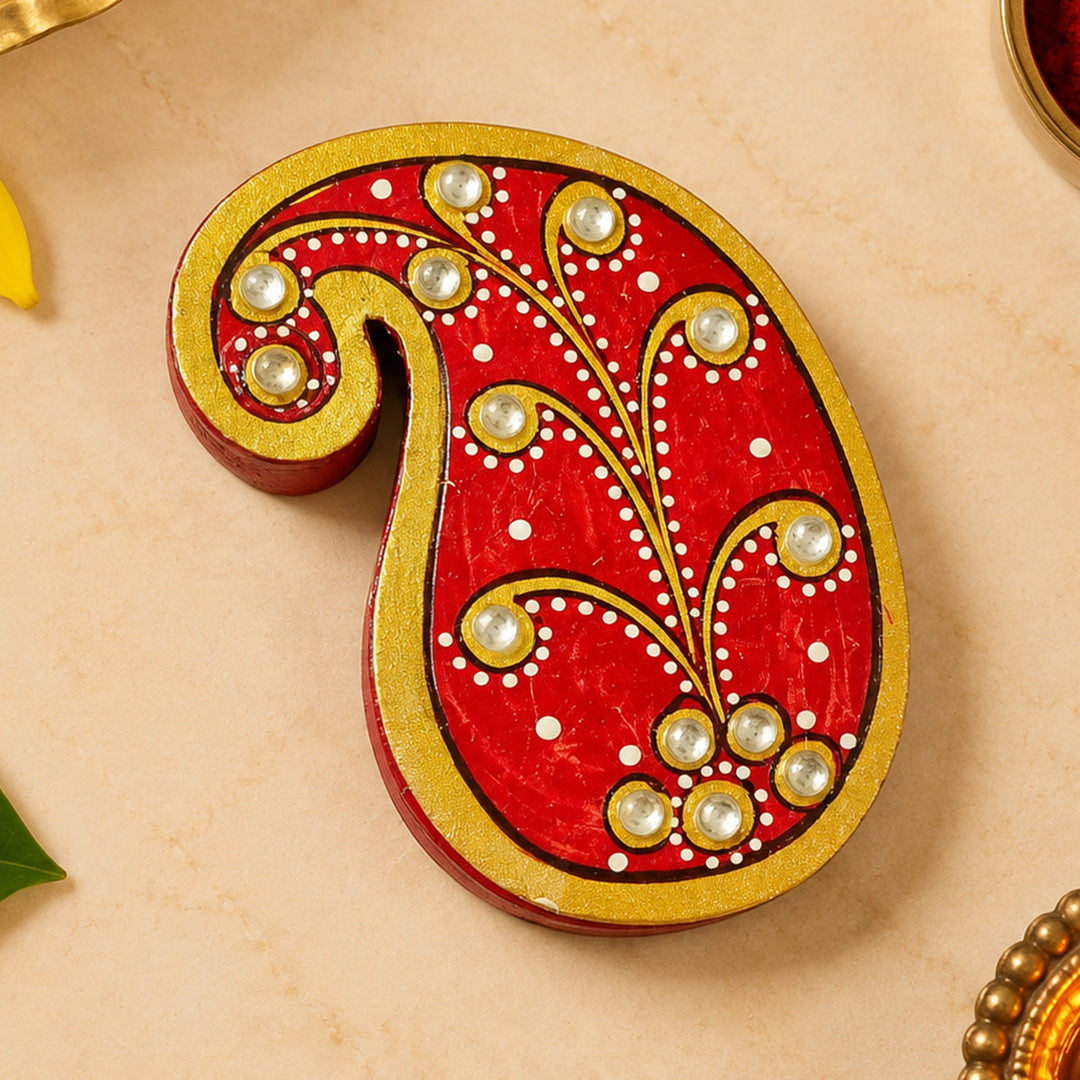 Meenakari Hand Painted Red MDF Paisley Shaped Haldi Kumkum Holder With Rotating Lid For Puja & Return Gifting
