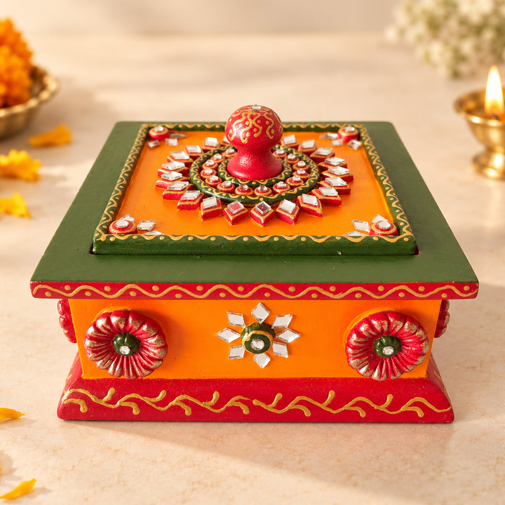Paper Mache Hand Painted Orange Decorative Gift Box With Lid For Festive Gifting