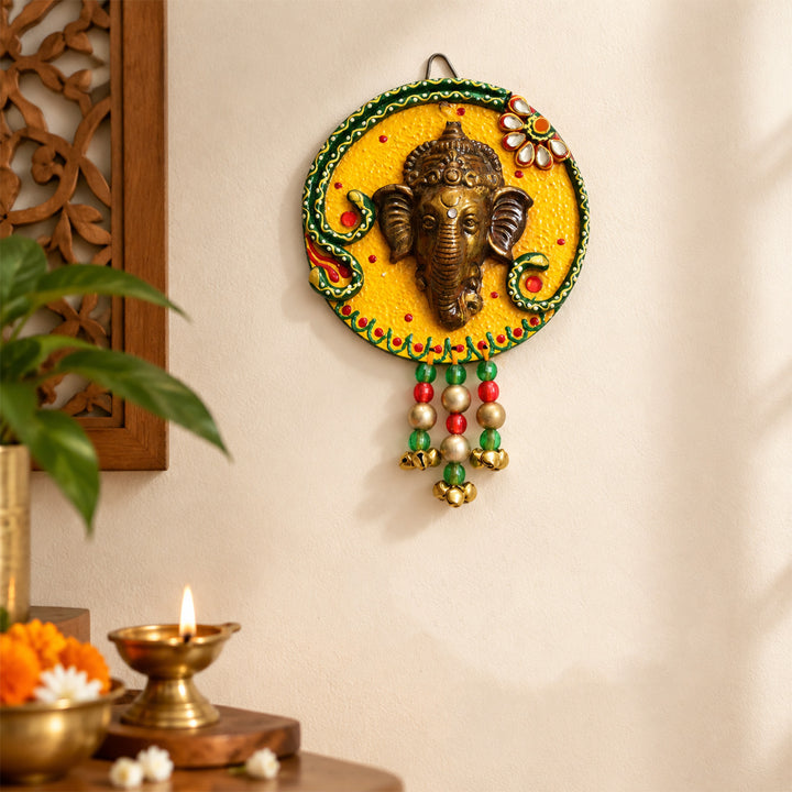 "Ganesh With Ghungroo" Handcrafted Paper Mache Wall Decor With Hook Mount For Pooja Room Decoration