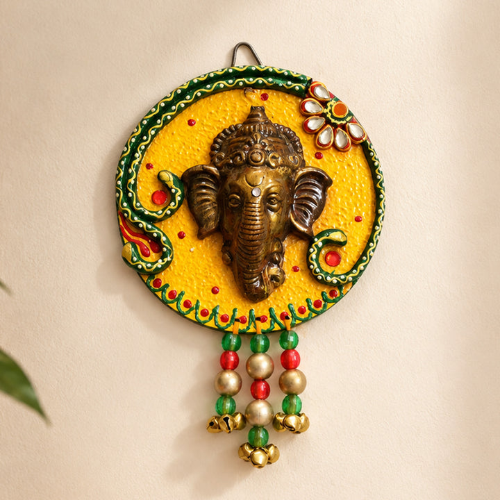 "Ganesh With Ghungroo" Handcrafted Paper Mache Wall Decor With Hook Mount For Pooja Room Decoration