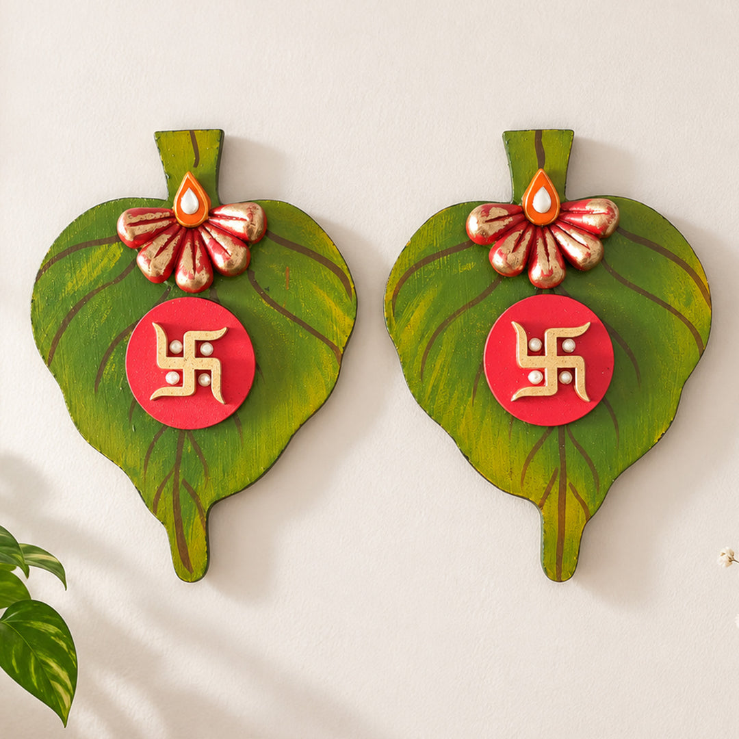 Set Of 2 | "Asopalav Saathiya" Handcrafted Mango Leaf Paper Mache Wall Decor For Festive Decoration