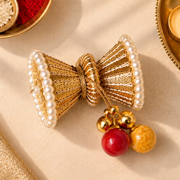 Dholak Gota And Glass Roli Chawal/Haldi Kumkum Holder For Puja And Festive Gifting
