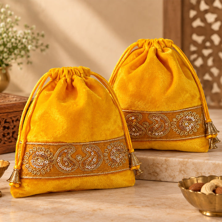 Set of 2 | Handmade Yellow Traditional Suede Potli For Festive Gifting