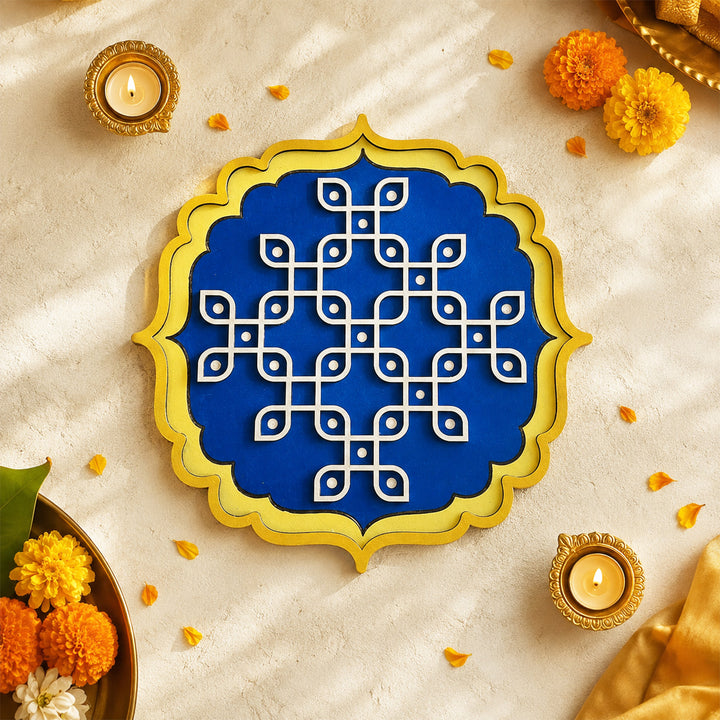 Handmade Blue & Yellow Kolam Hand-Painted Mdf Rangoli For Festive Decor