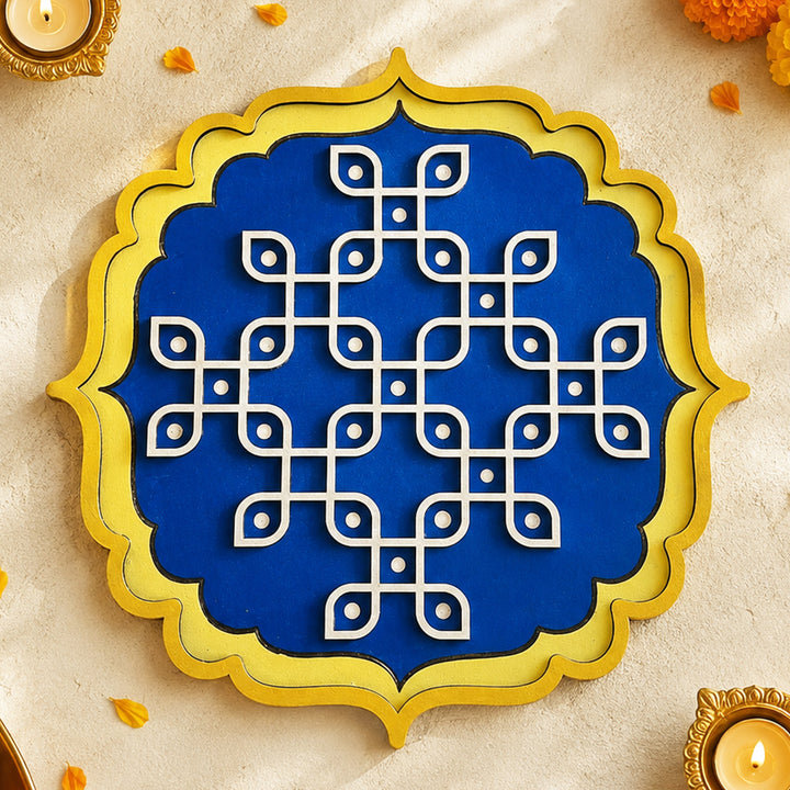 Handmade Blue & Yellow Kolam Hand-Painted Mdf Rangoli For Festive Decor