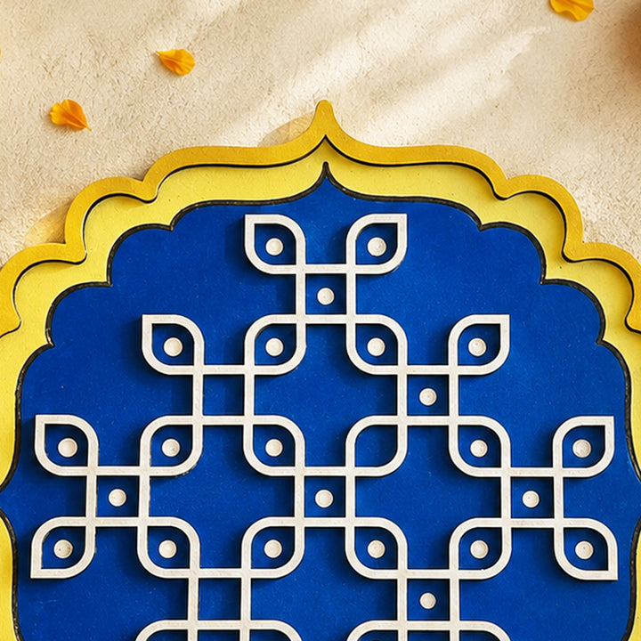 Handmade Blue & Yellow Kolam Hand-Painted Mdf Rangoli For Festive Decor