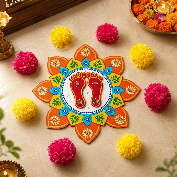 Hand-Painted Mirror Work Lotus Feet Mdf Rangoli For Festive Decor