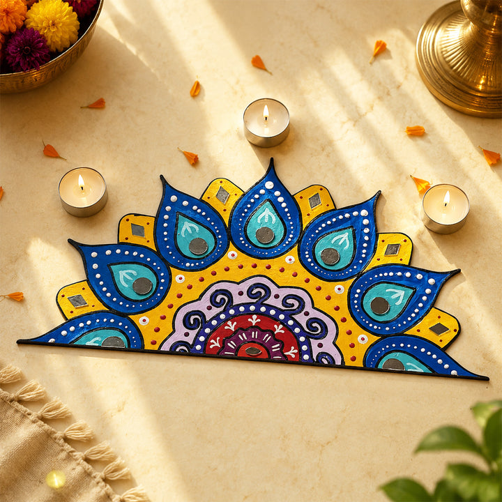 Hand-Painted Mirror Work Peacock Feather Half Mandala Mdf Rangoli For Festive Decor