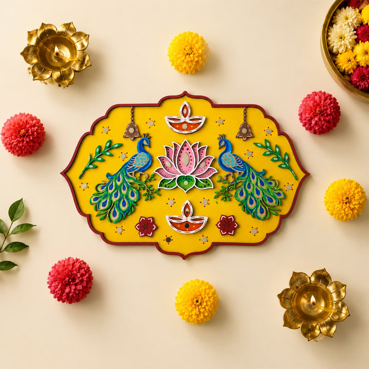 Hand-Painted Peacock & Lotus Jharokha Mdf Rangoli With Mirror Work For Festive Decor