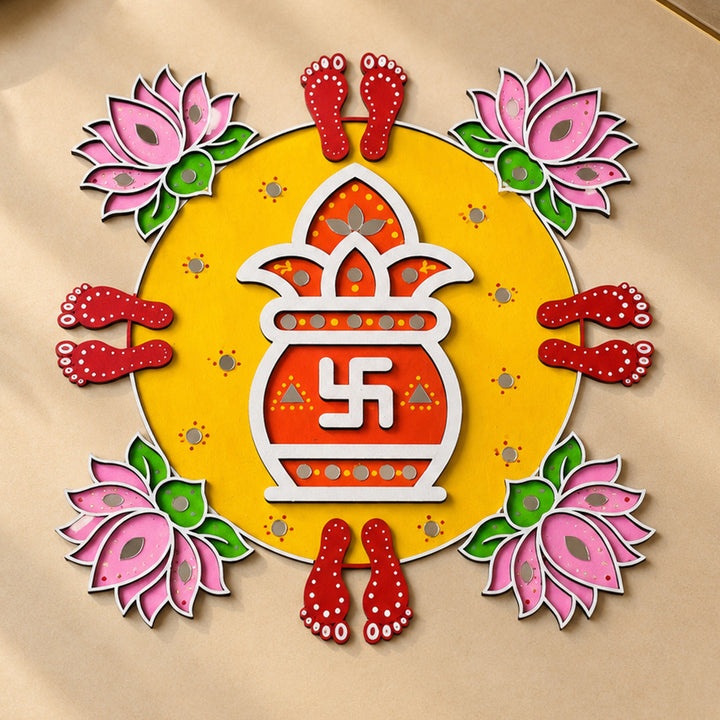 Hand-Painted Kalash, Lotus & Lakshmi Feet Mdf Rangoli With Mirror Work For Festive Decor