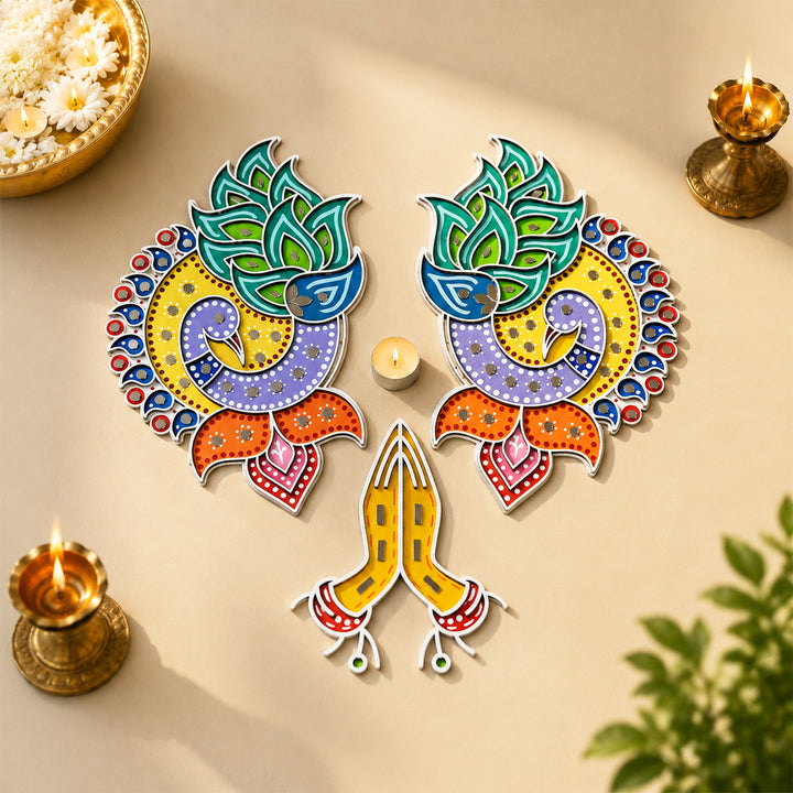 3 Pc | Hand-Painted Peacock & Hand Mdf Lippan Rangoli With Mirror Work For Festive Decor