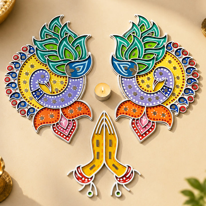 3 Pc | Hand-Painted Peacock & Hand Mdf Lippan Rangoli With Mirror Work For Festive Decor