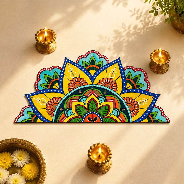 2 Pc | Hand-Painted Blue & Yellow Half Mandala Split Kolam Mdf Rangoli With Mirror Work For Festive Decor