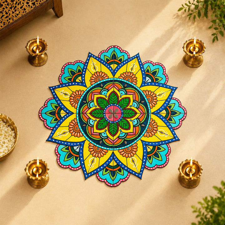 4 Pc | Hand-Painted Blue & Yellow Split Kolam Mdf Rangoli For Festive Decor
